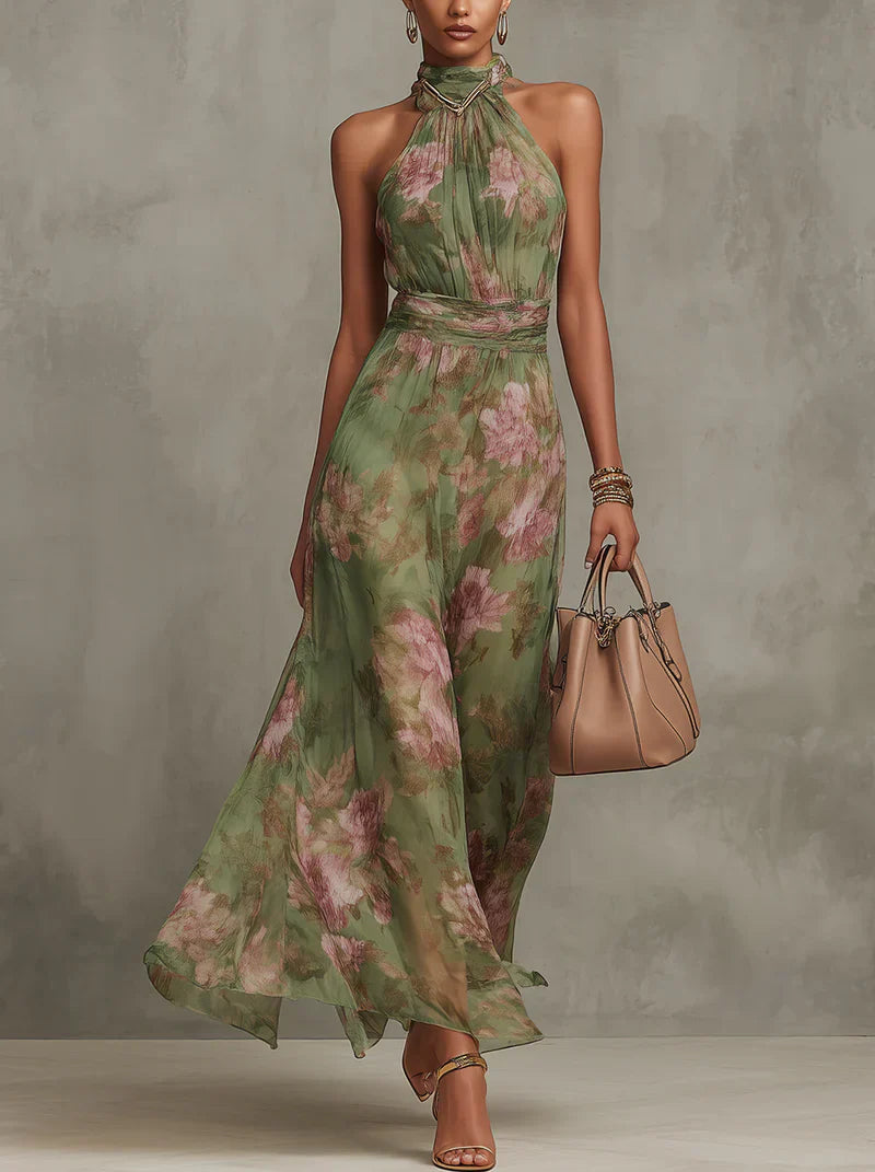 Noelia | Elegante vestido largo con cuello halter y estampado floral