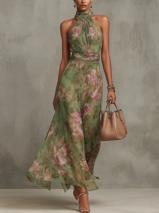 Noelia | Elegante vestido largo con cuello halter y estampado floral