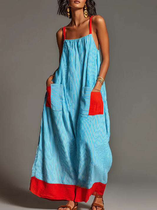 Alegría | Vestido maxi rayas azul con contraste rojo