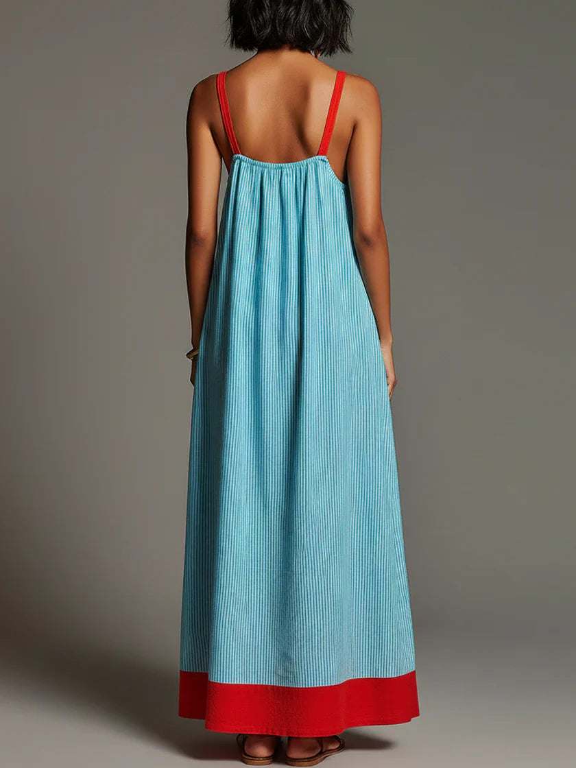 Alegría | Vestido maxi rayas azul con contraste rojo