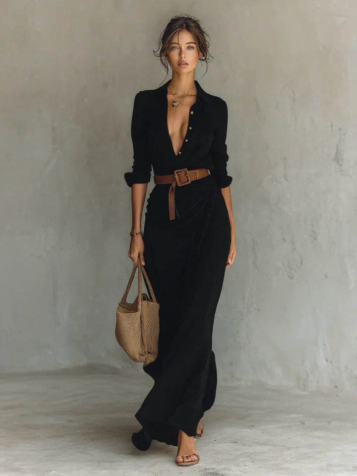 Siena | Vestido largo con cuello de solapa y mangas largas para mujer