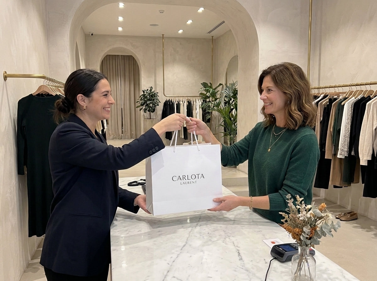 Entrega de una bolsa de Carlota Laurent en una boutique