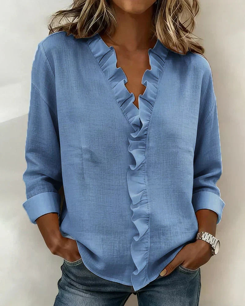 Blusa Elegante con Escote en V y Volantes Delicados