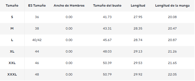 Tabla de tallas de Campo Real